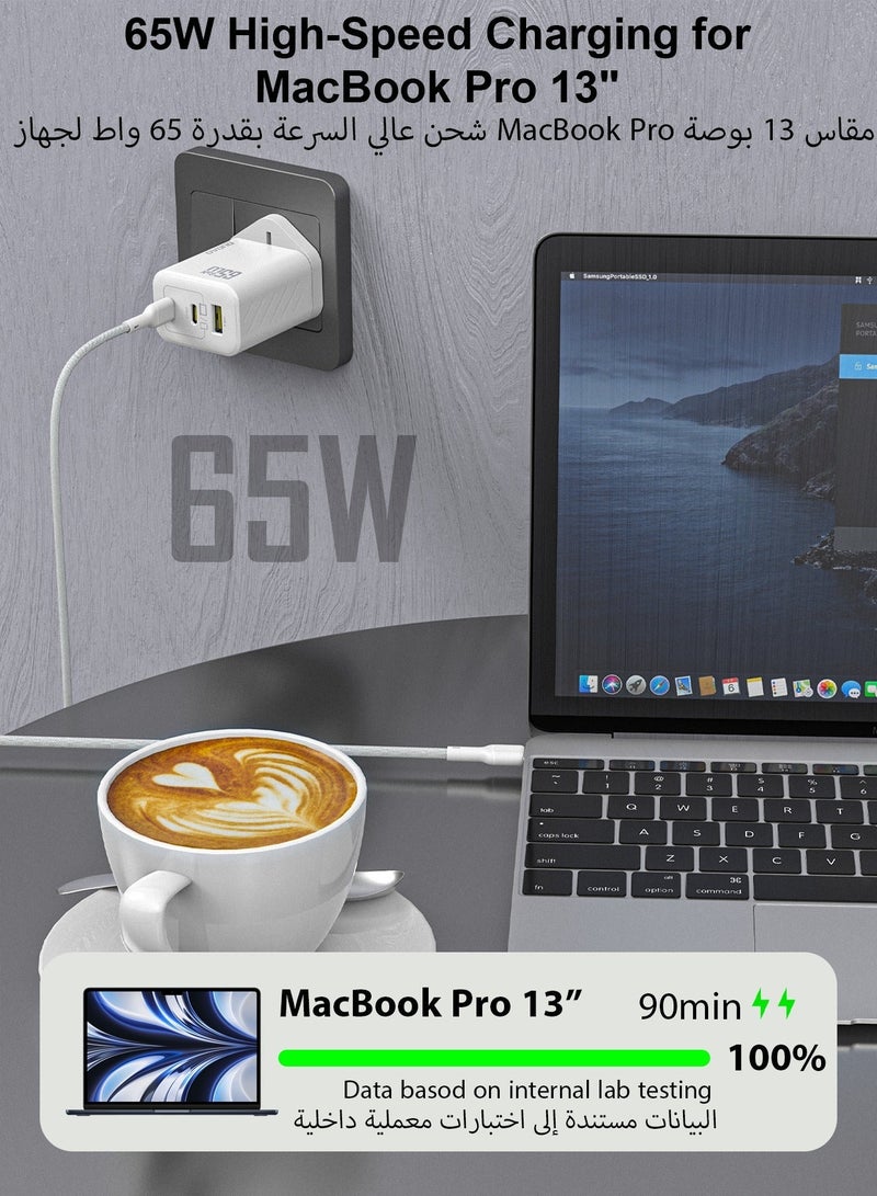 DUDAO 65W GaN 3-Port Super Fast Charger Set, Compact Laptop Charger Type C Wall Charger, USB + 2*Type-C Power Adapter whit 240W Type-C Cable, 9-Layer Safety Protection, Smart Temperature Control, Compatible with All Phone Models, Tablets, Laptops, Watches - Image 5